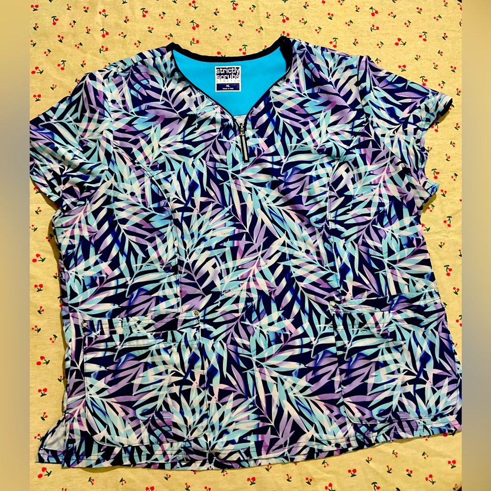 Strictly Scrubs Size XL Stretch Zipper Scrub Top Navy Purple Turquoise